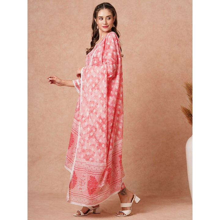 FASHOR Ethnic Printed & Embroidered Kurta With Pant & Pure Cotton Dupatta -Pink (Set of 3)