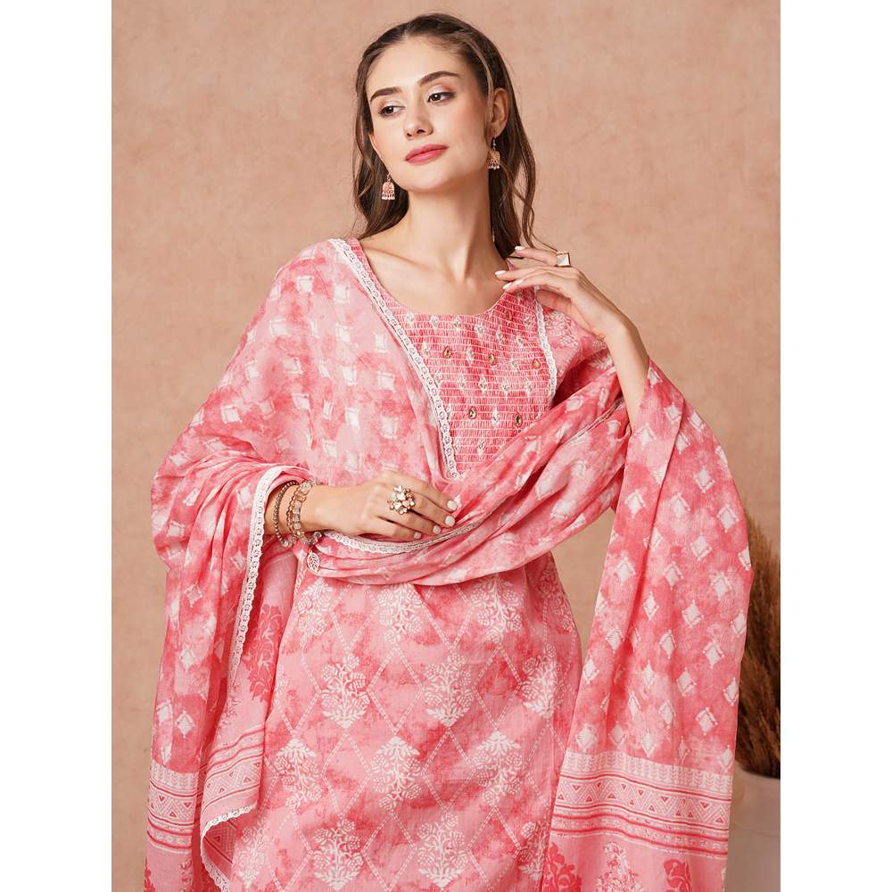 FASHOR Ethnic Printed & Embroidered Kurta With Pant & Pure Cotton Dupatta -Pink (Set of 3)