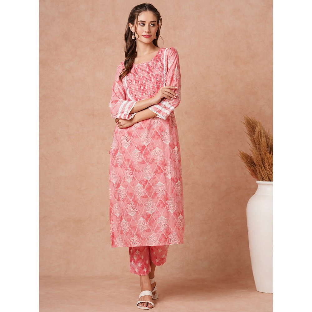 FASHOR Ethnic Printed & Embroidered Kurta With Pant & Pure Cotton Dupatta -Pink (Set of 3)