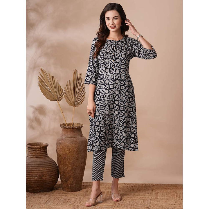 FASHOR Printed Straight Fit Kurta With Pant- Black (Set of 2)