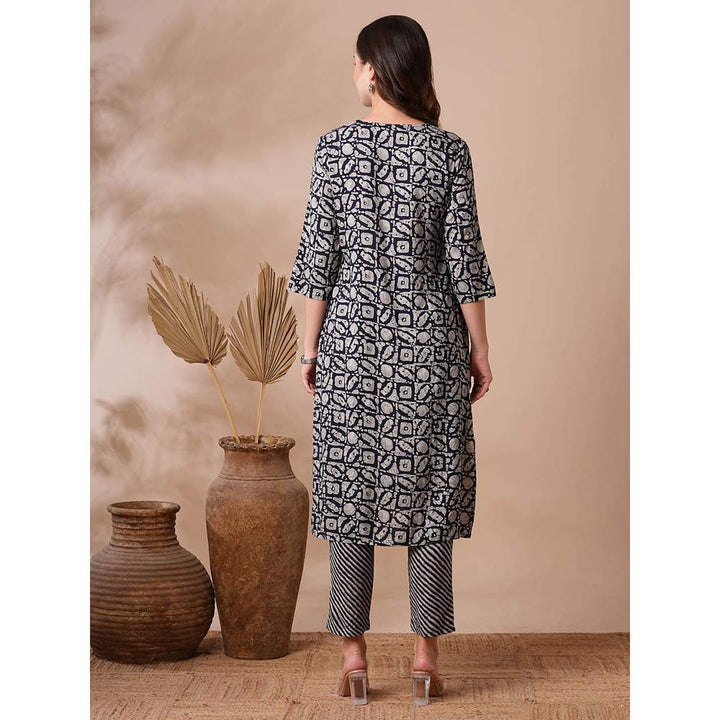 FASHOR Printed Straight Fit Kurta With Pant- Black (Set of 2)