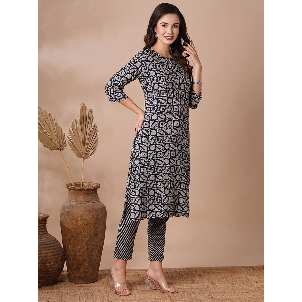 FASHOR Printed Straight Fit Kurta With Pant- Black (Set of 2)