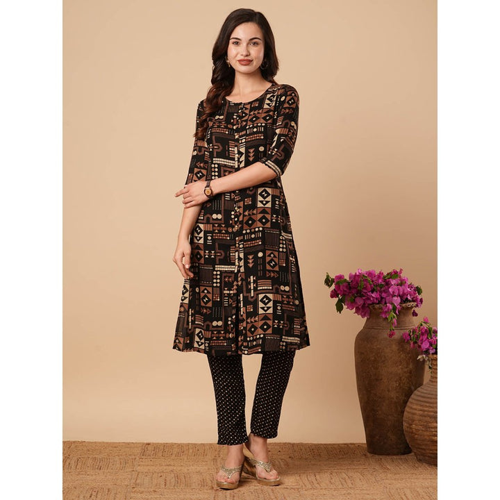 FASHOR Printed Straight Fit Kurta With Pant- Black (Set of 2)