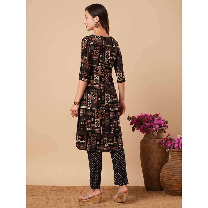 FASHOR Printed Straight Fit Kurta With Pant- Black (Set of 2)