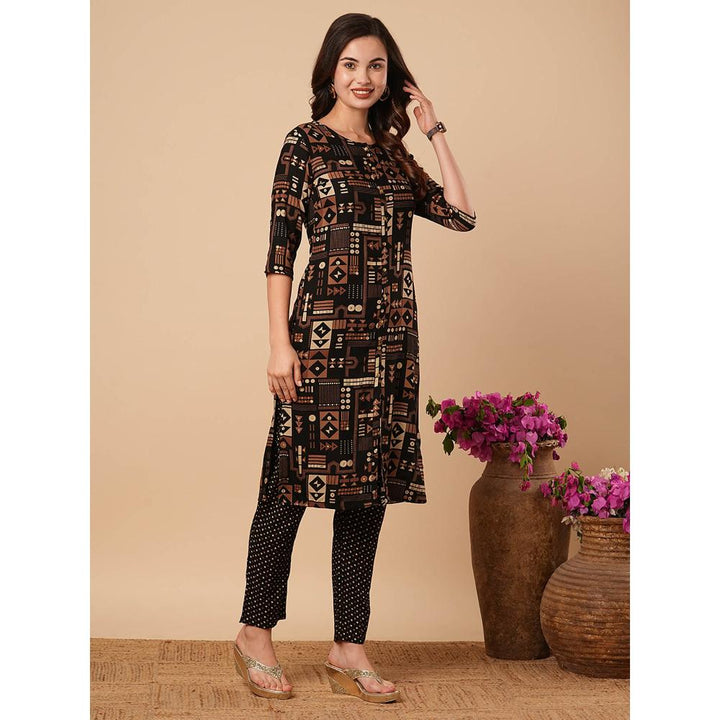 FASHOR Printed Straight Fit Kurta With Pant- Black (Set of 2)