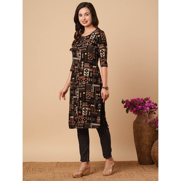 FASHOR Printed Straight Fit Kurta With Pant- Black (Set of 2)