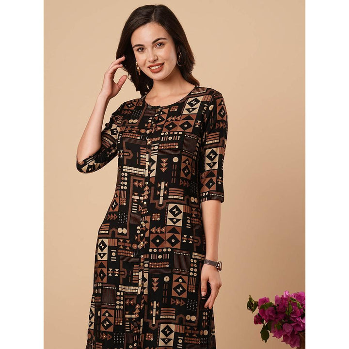 FASHOR Printed Straight Fit Kurta With Pant- Black (Set of 2)