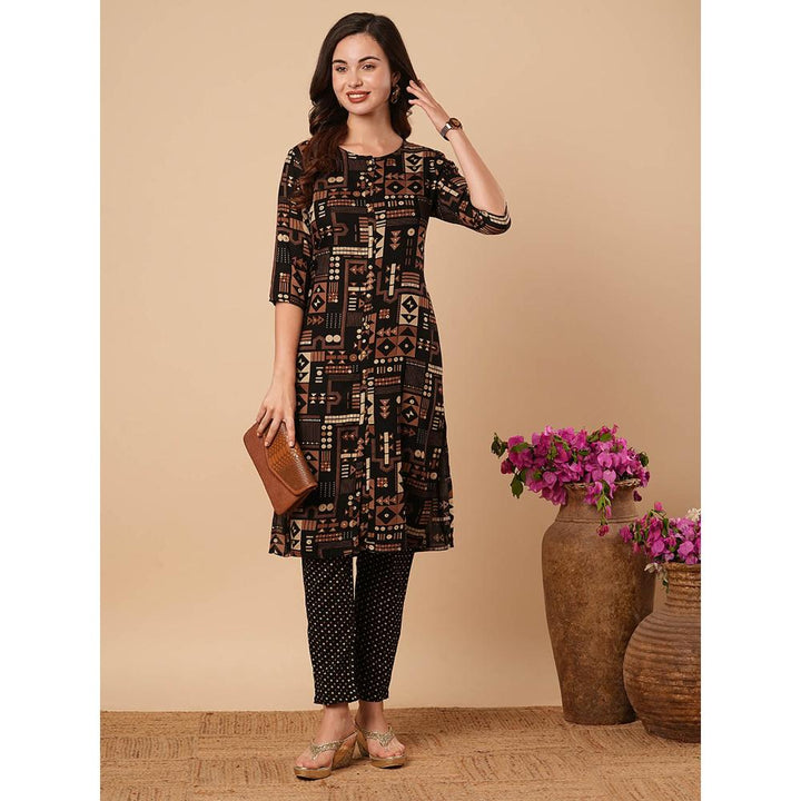 FASHOR Printed Straight Fit Kurta With Pant- Black (Set of 2)