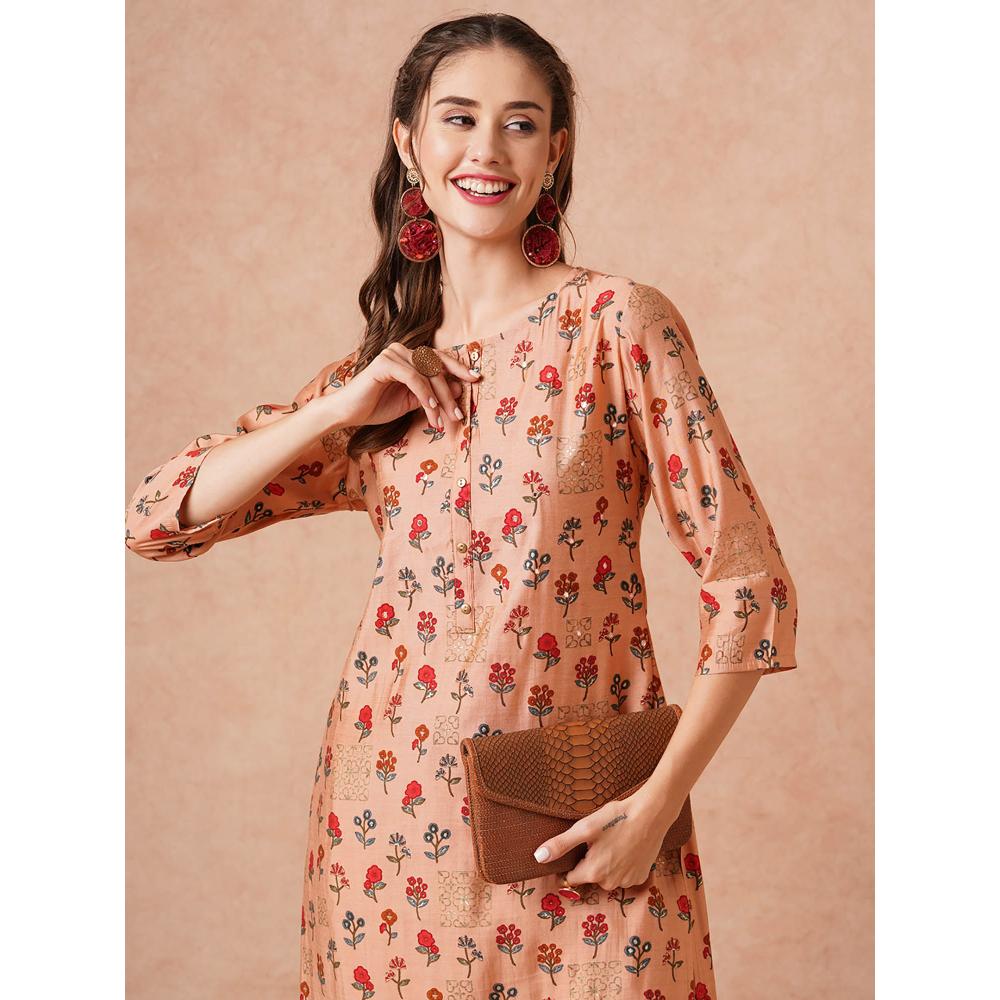 FASHOR Ethnic Floral Foil Printed Straight Fit Kurta With Pant- Peach (Set of 2)