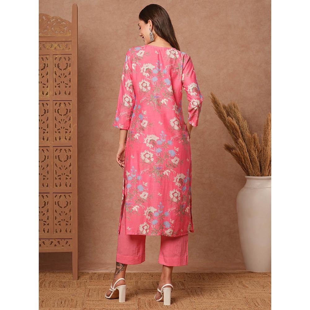 FASHOR Floral Printed & Embroidered Straight Fit Kuta With Pant- Pink (Set of 2)