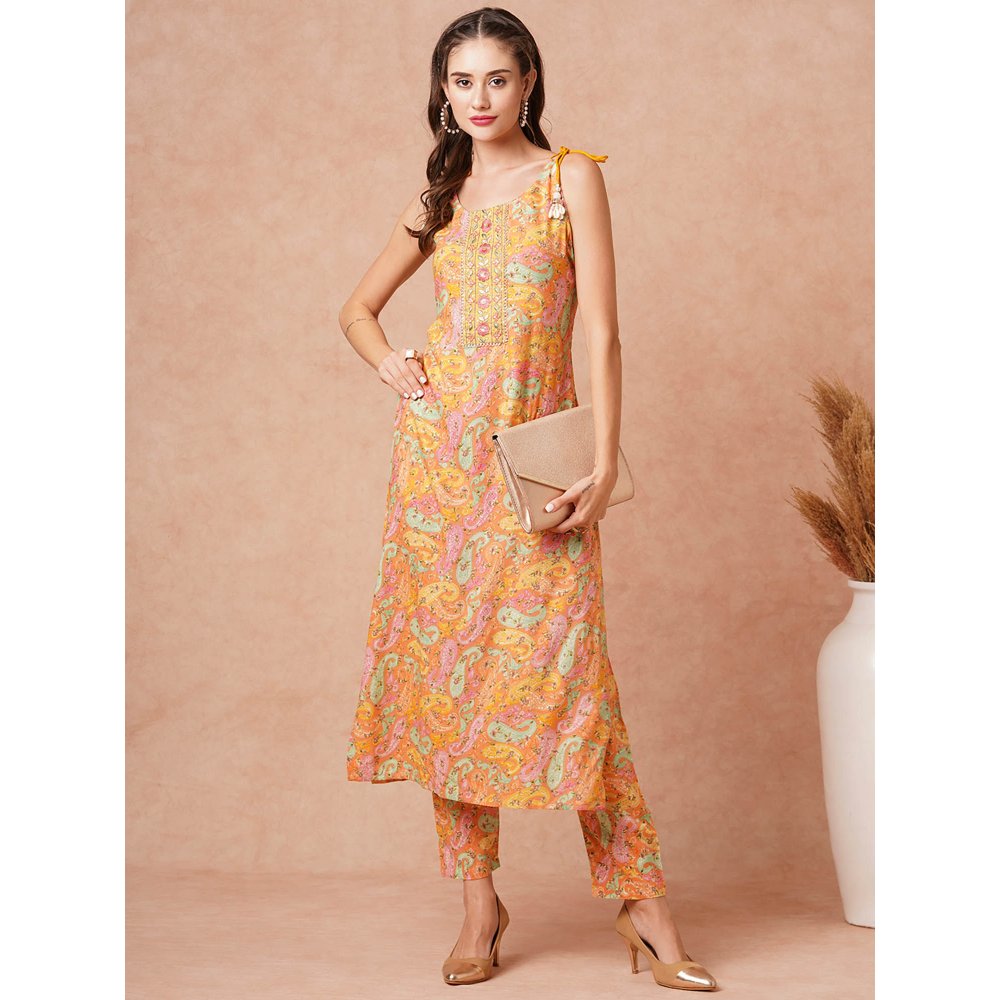 FASHOR Paisley Printed & Embroidered Straight Fit Kurta With Pant - Peach (Set of 2)