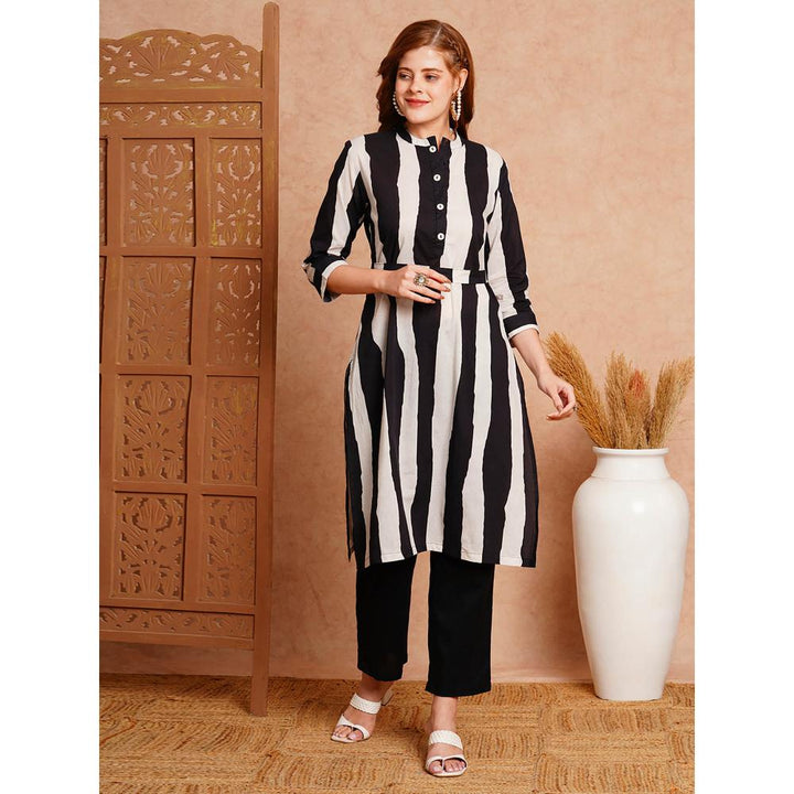 FASHOR Solid Black & White Striped Straight Kurta With Pant & Belt - Black (Set of 3)