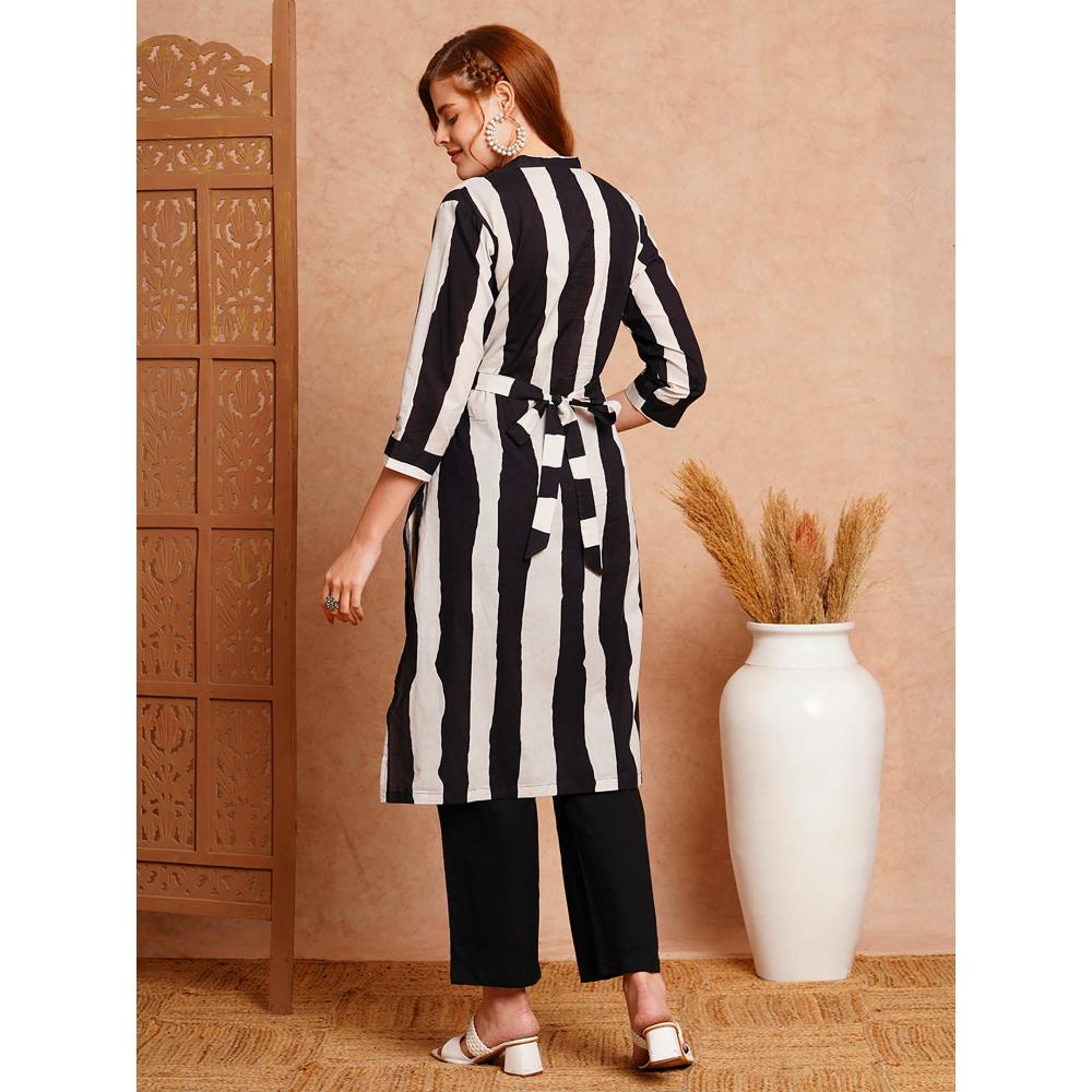 FASHOR Solid Black & White Striped Straight Kurta With Pant & Belt - Black (Set of 3)