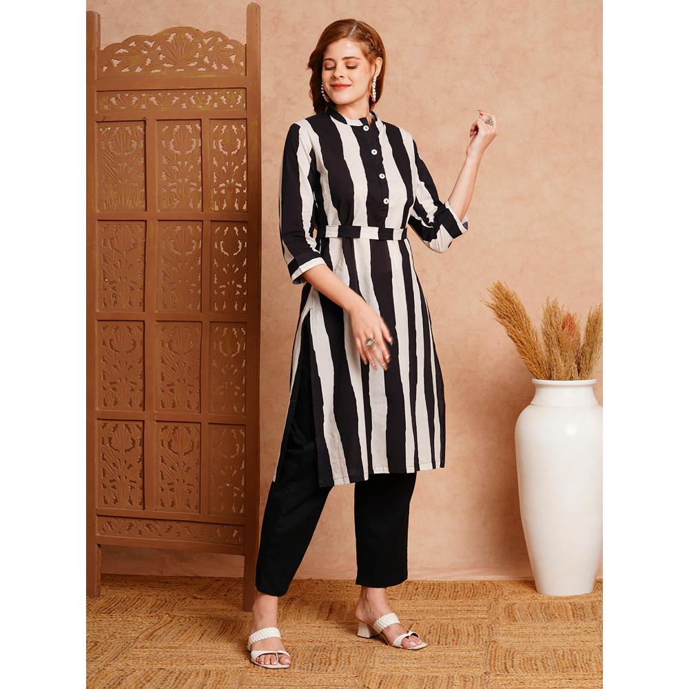 FASHOR Solid Black & White Striped Straight Kurta With Pant & Belt - Black (Set of 3)