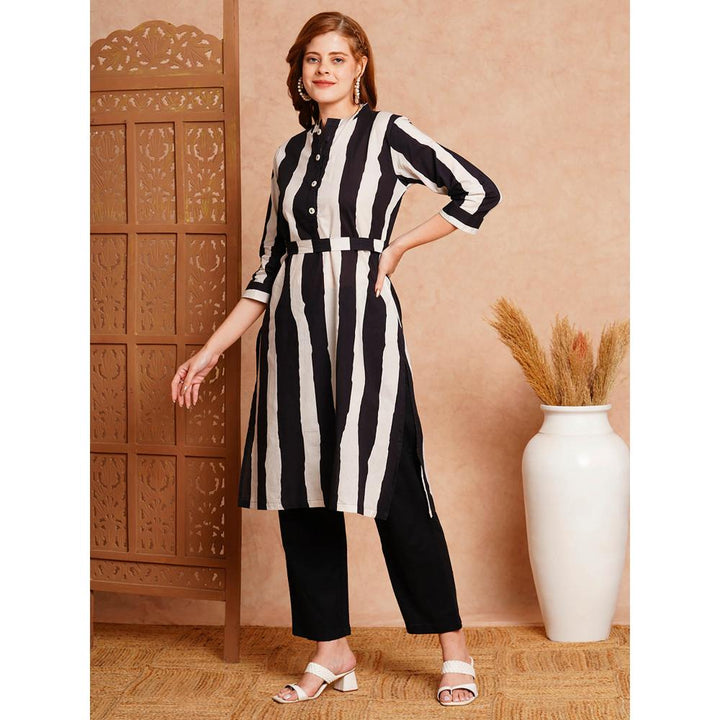 FASHOR Solid Black & White Striped Straight Kurta With Pant & Belt - Black (Set of 3)