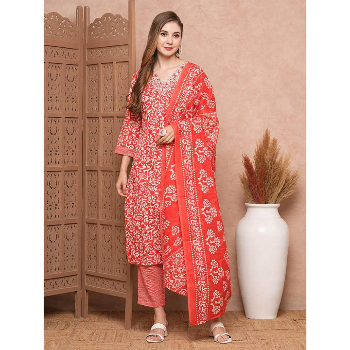 FASHOR Printed Kurta With Pants & Dupatta - Red (Set of 3)