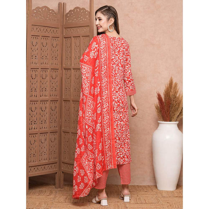 FASHOR Printed Kurta With Pants & Dupatta - Red (Set of 3)