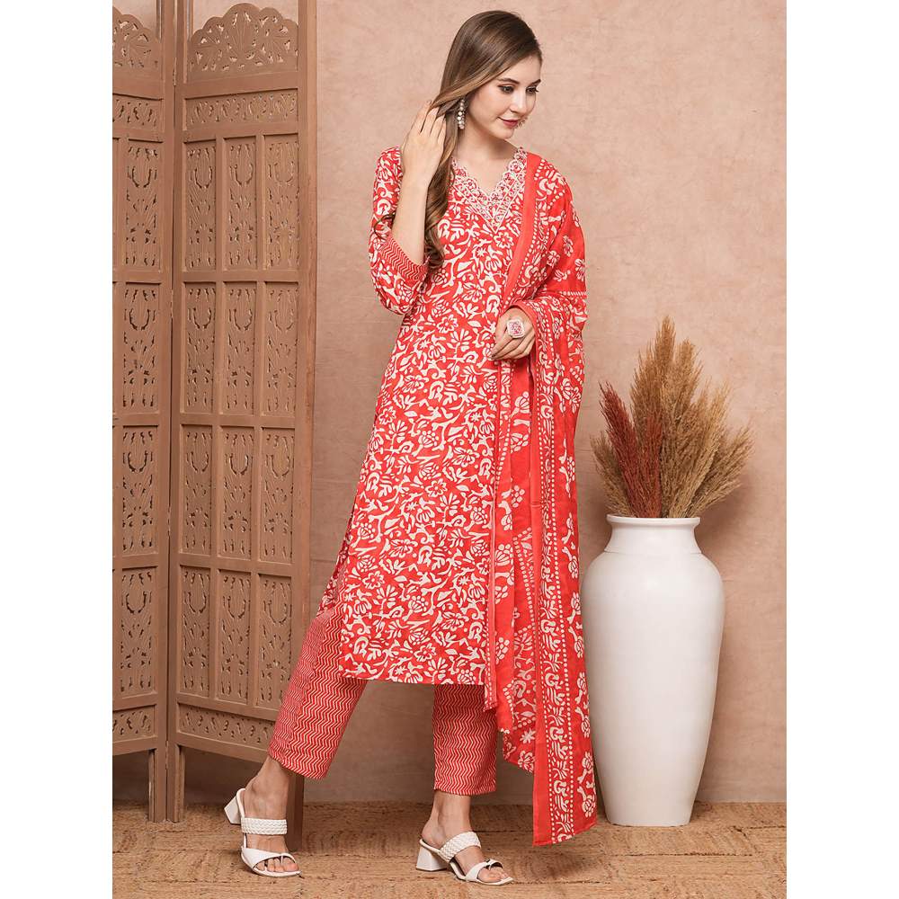 FASHOR Printed Kurta With Pants & Dupatta - Red (Set of 3)