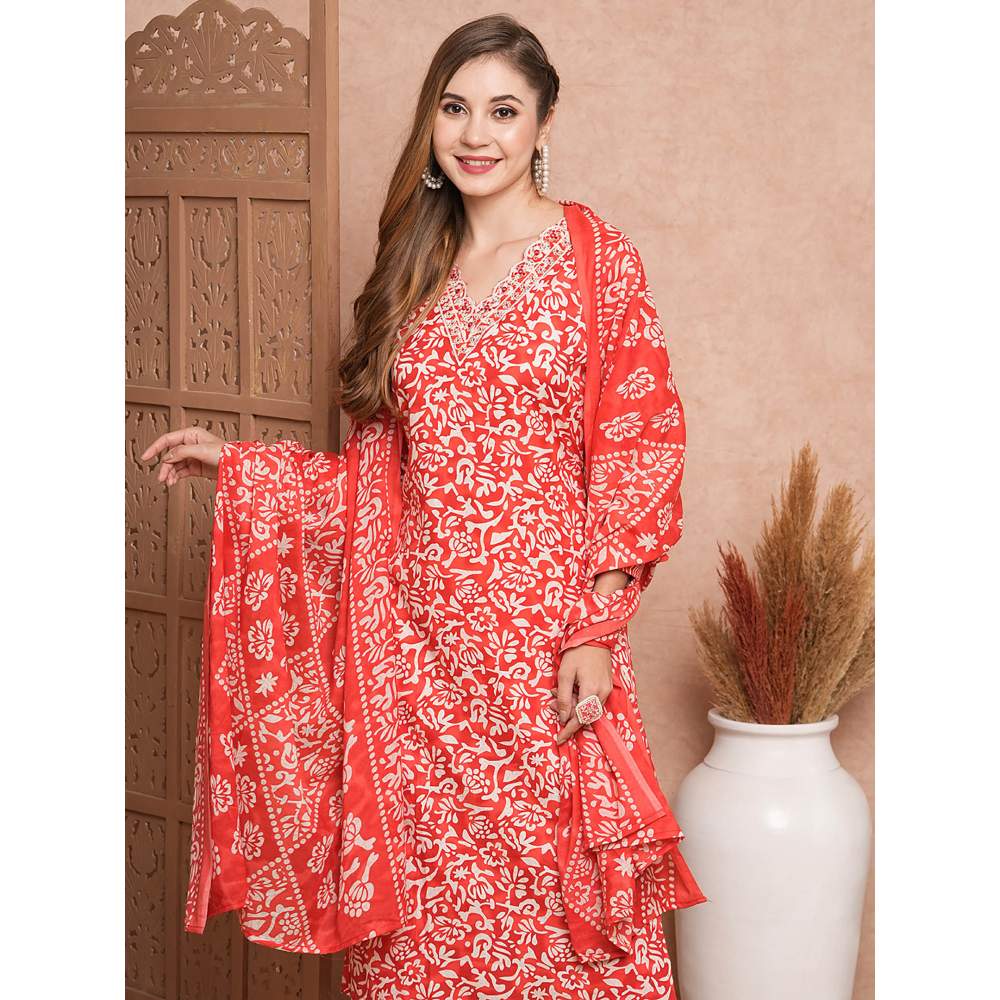 FASHOR Printed Kurta With Pants & Dupatta - Red (Set of 3)