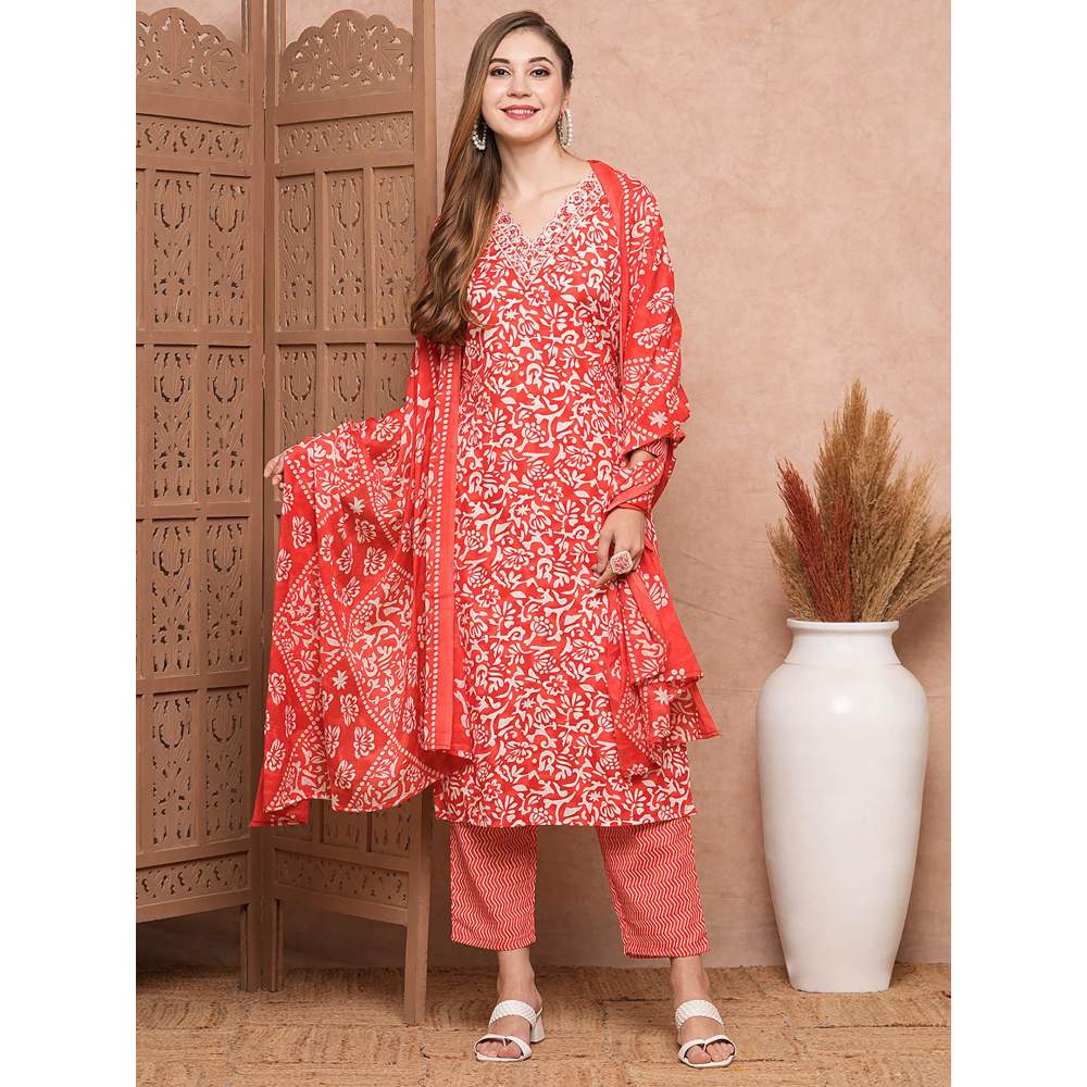 FASHOR Printed Kurta With Pants & Dupatta - Red (Set of 3)