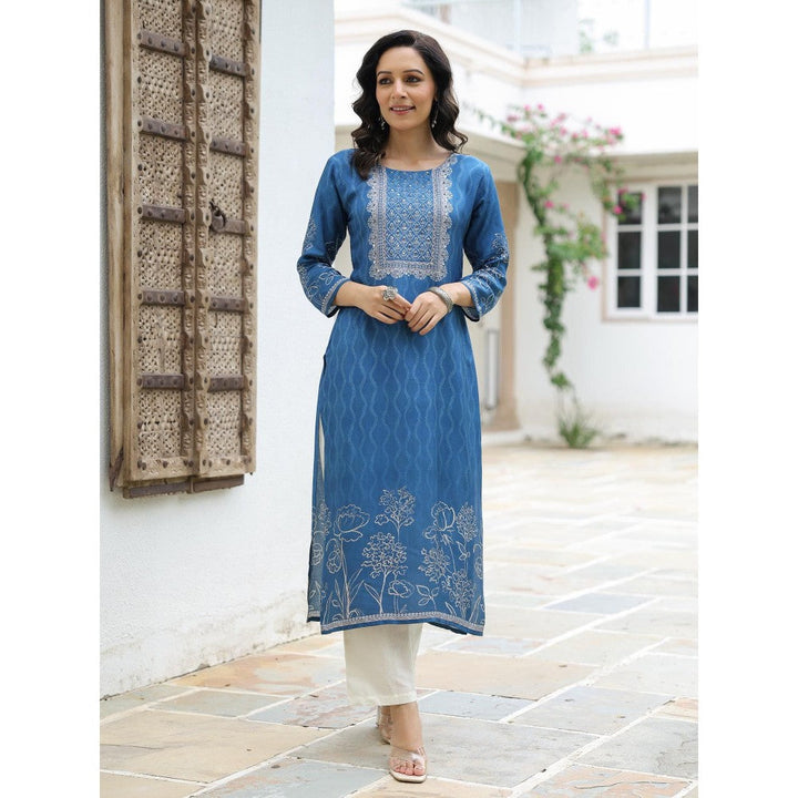 FASHOR Abstract and Floral Printed Embellished Kurta - Blue