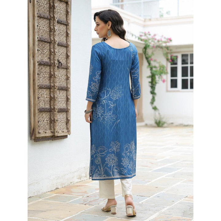 FASHOR Abstract and Floral Printed Embellished Kurta - Blue