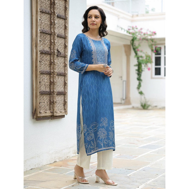 FASHOR Abstract and Floral Printed Embellished Kurta - Blue