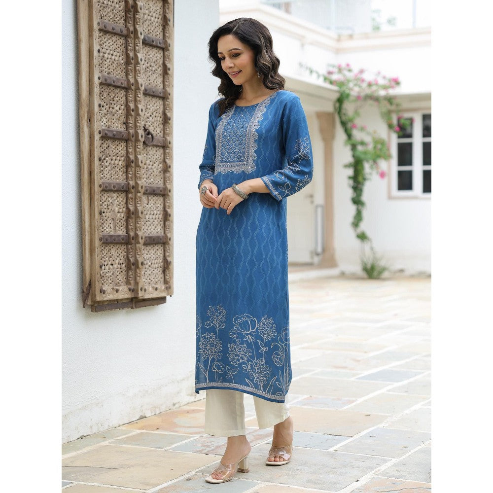 FASHOR Abstract and Floral Printed Embellished Kurta - Blue