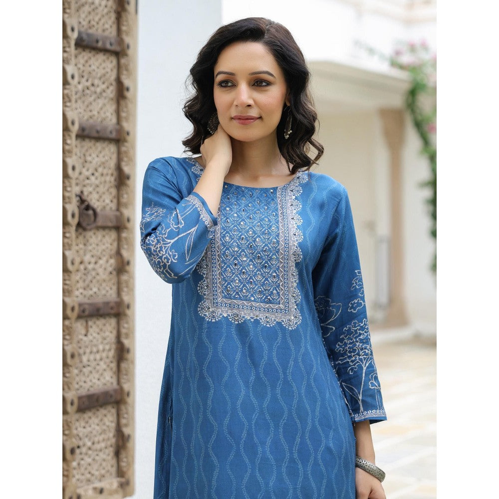 FASHOR Abstract and Floral Printed Embellished Kurta - Blue