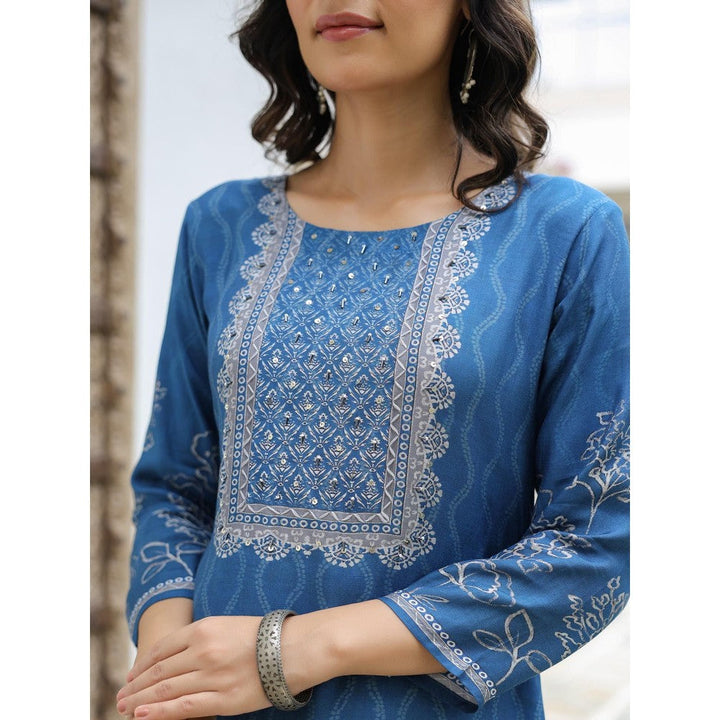 FASHOR Abstract and Floral Printed Embellished Kurta - Blue