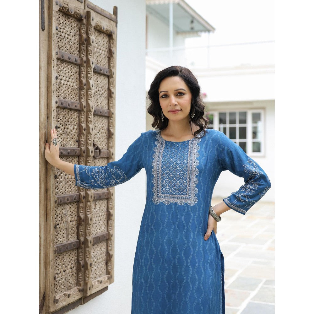 FASHOR Abstract and Floral Printed Embellished Kurta - Blue