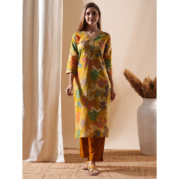 FASHOR Floral Printed Embroidered Kurta - Mustard and Multi