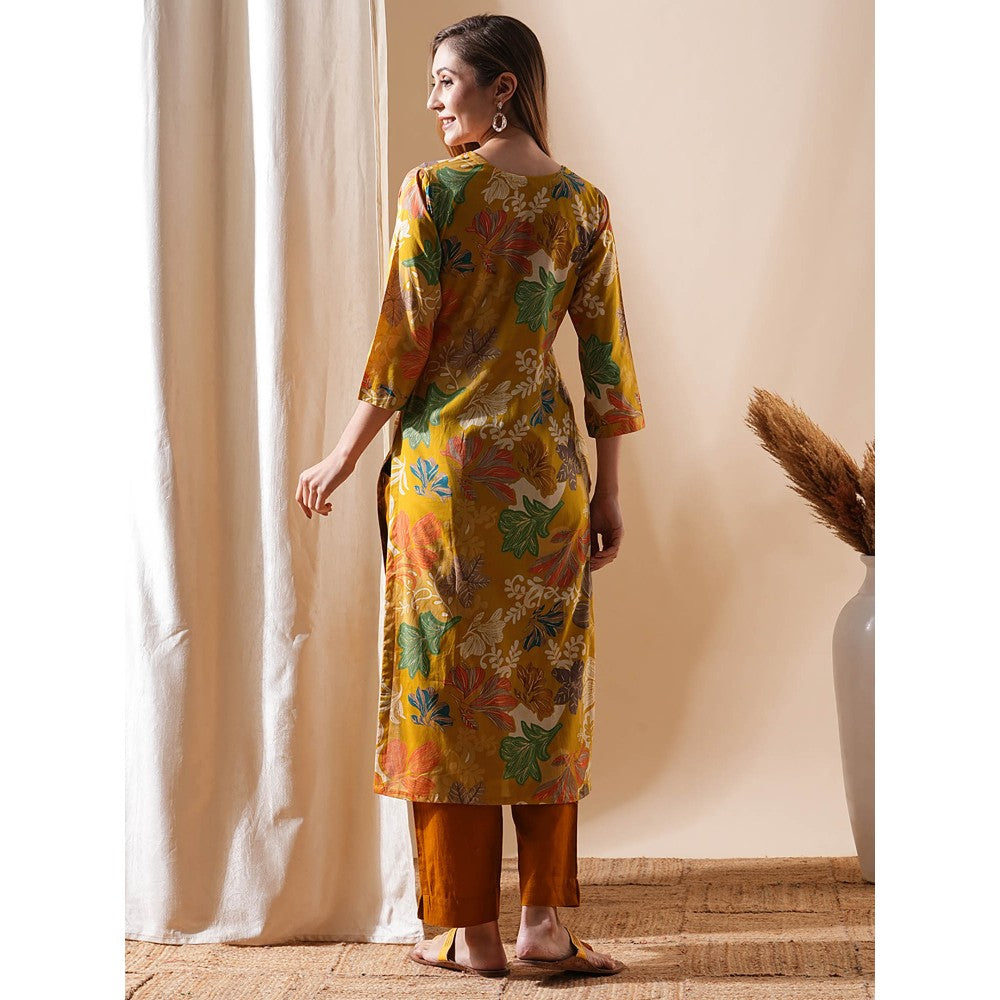 FASHOR Floral Printed Embroidered Kurta - Mustard and Multi