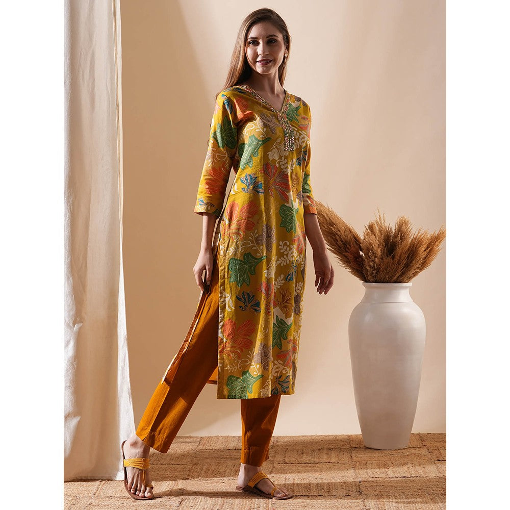 FASHOR Floral Printed Embroidered Kurta - Mustard and Multi