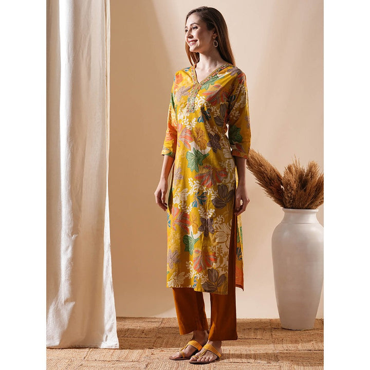 FASHOR Floral Printed Embroidered Kurta - Mustard and Multi