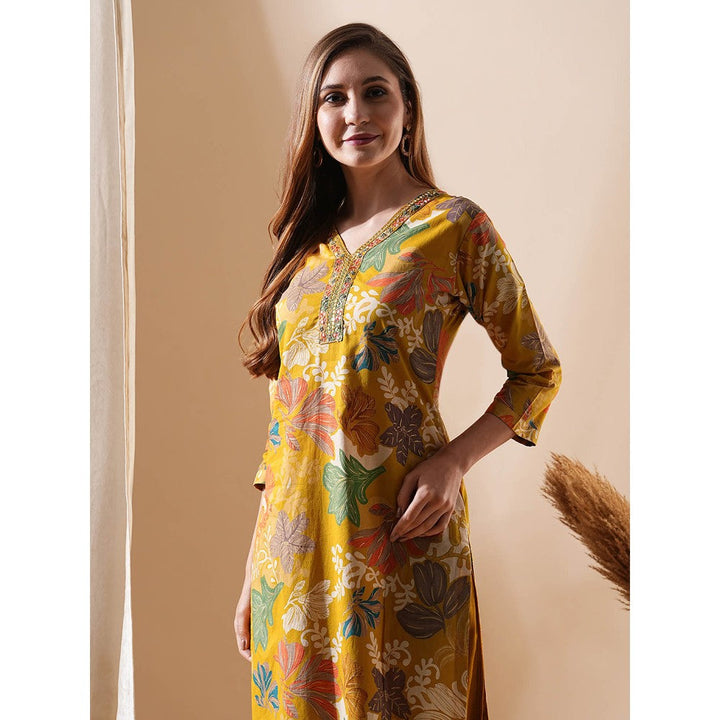 FASHOR Floral Printed Embroidered Kurta - Mustard and Multi