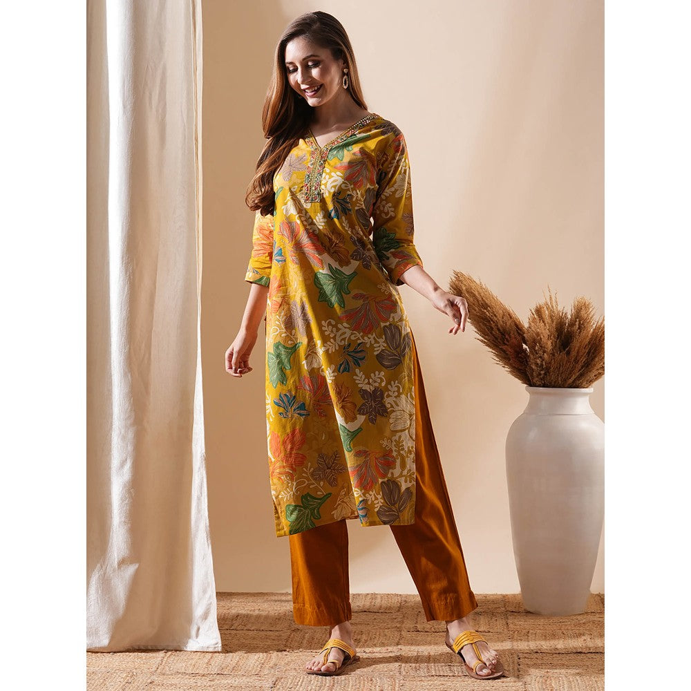 FASHOR Floral Printed Embroidered Kurta - Mustard and Multi