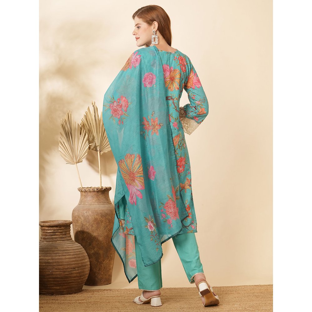 FASHOR Floral Printed and Embroidered Kurta with Pant and Dupatta (Set of 3)