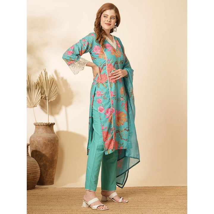 FASHOR Floral Printed and Embroidered Kurta with Pant and Dupatta (Set of 3)