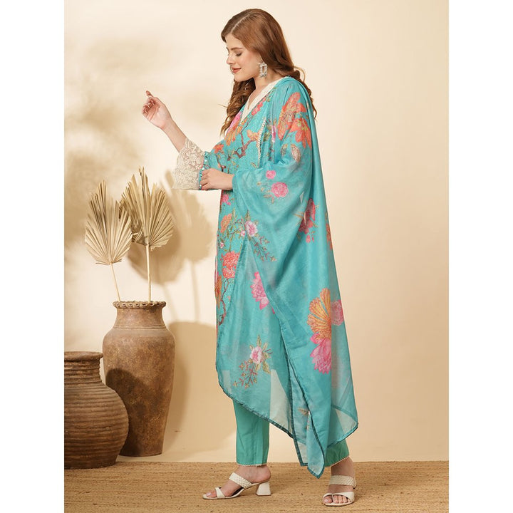 FASHOR Floral Printed and Embroidered Kurta with Pant and Dupatta (Set of 3)