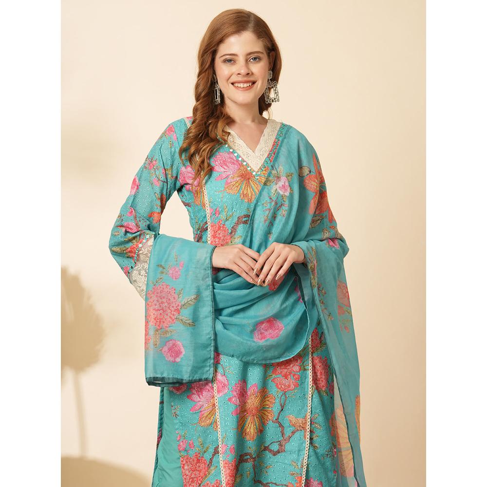 FASHOR Floral Printed and Embroidered Kurta with Pant and Dupatta (Set of 3)