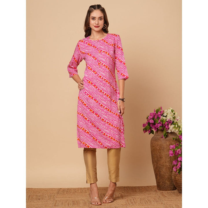 FASHOR Pink Ethnic Leheriya Foil Printed Straight Fit Kurta