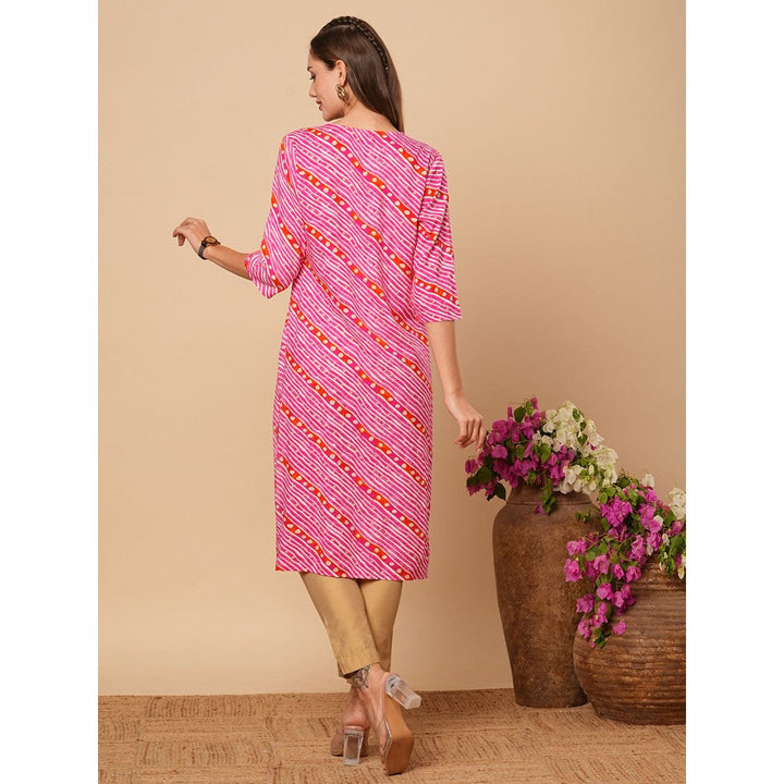 FASHOR Pink Ethnic Leheriya Foil Printed Straight Fit Kurta