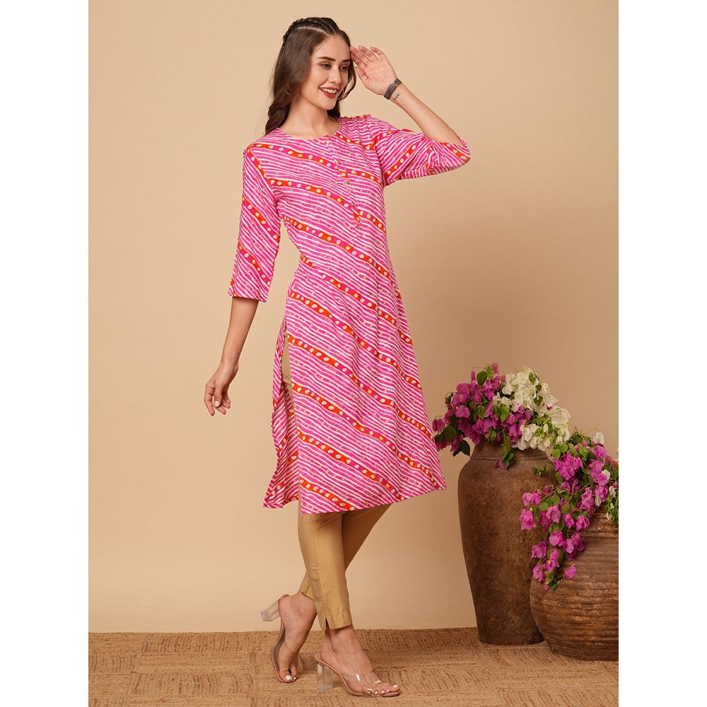 FASHOR Pink Ethnic Leheriya Foil Printed Straight Fit Kurta