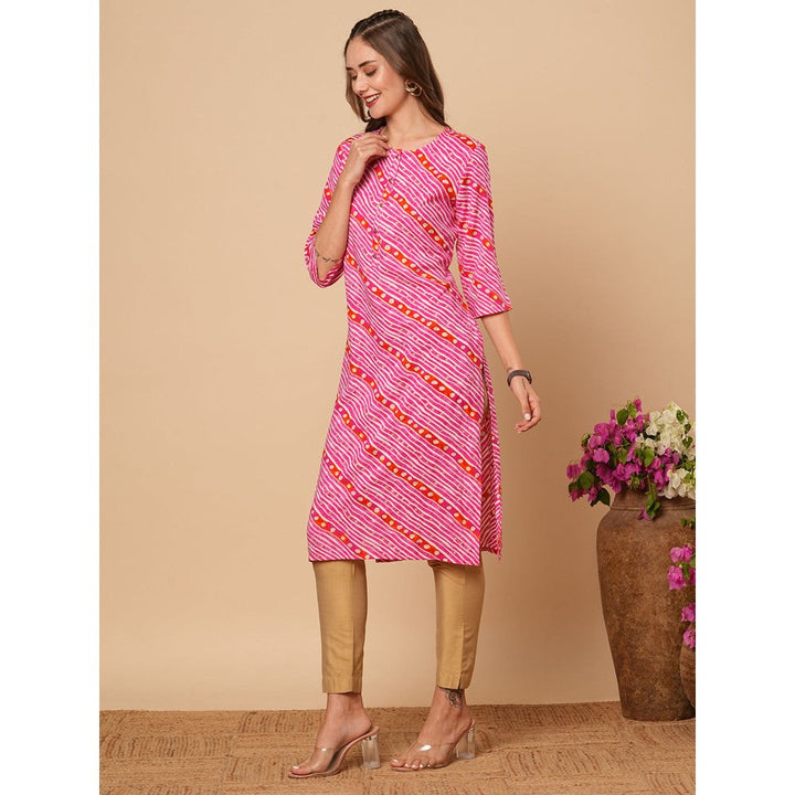 FASHOR Pink Ethnic Leheriya Foil Printed Straight Fit Kurta