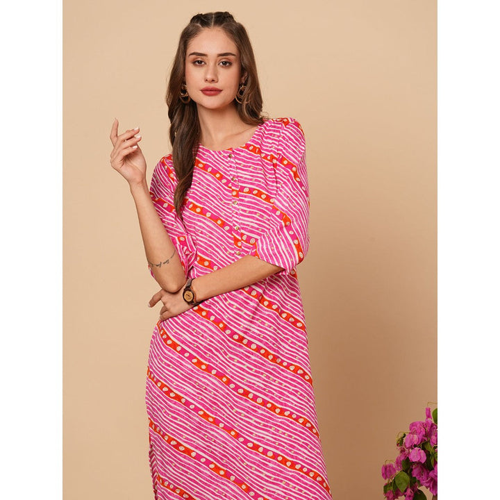 FASHOR Pink Ethnic Leheriya Foil Printed Straight Fit Kurta