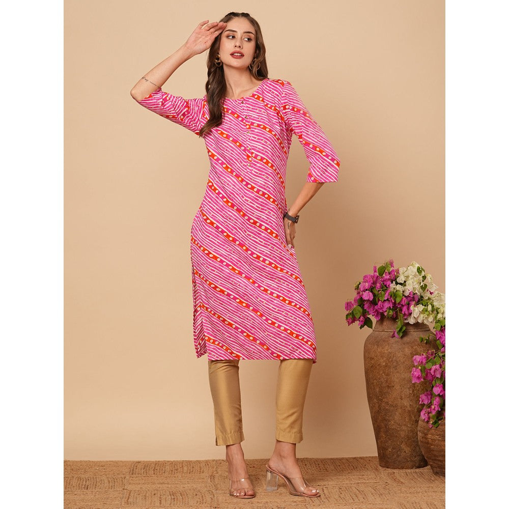 FASHOR Pink Ethnic Leheriya Foil Printed Straight Fit Kurta