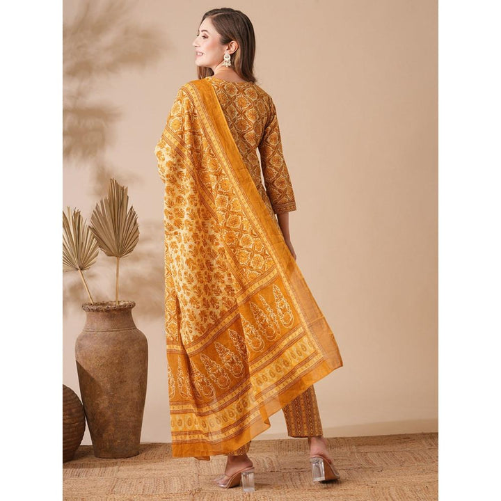 FASHOR Mustard Floral Printed Kurta with Pants and Dupatta (Set of 3)