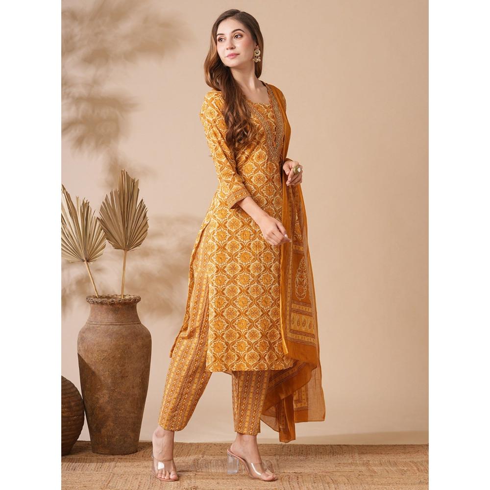 FASHOR Mustard Floral Printed Kurta with Pants and Dupatta (Set of 3)