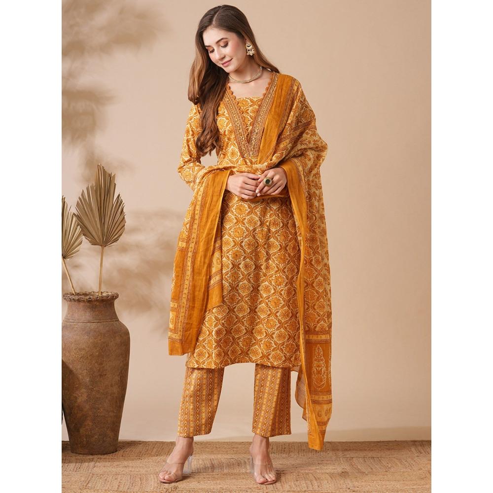 FASHOR Mustard Floral Printed Kurta with Pants and Dupatta (Set of 3)